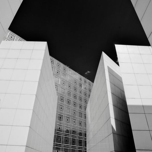 INSTITUTE DU MONDE ARABE, PARIS, FRANCE by Jean Nouvel. Black and white architectural photography by © Eric Schneider Photography