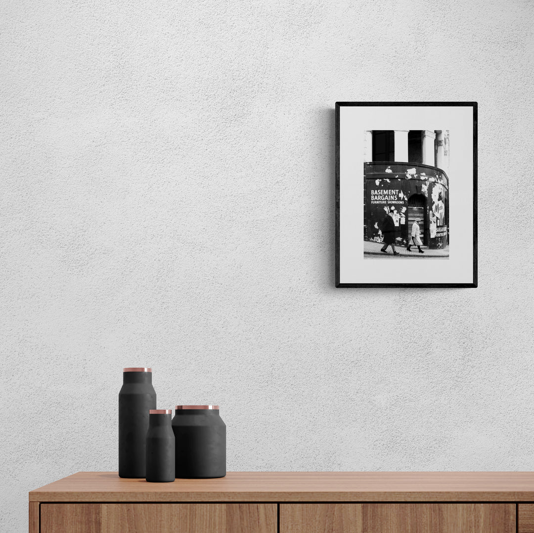 Vintage Street photography, black and white, Brighton, c1969, Basement Bargains