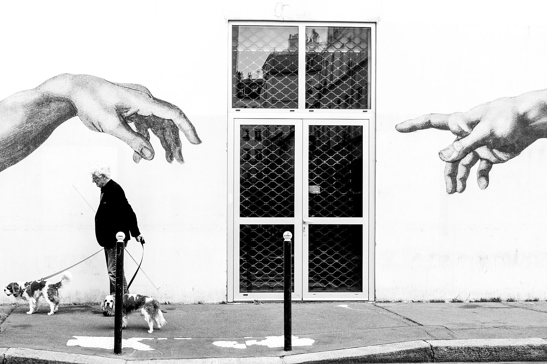 Paris, France. Man, 2 dogs, 2 hands. From Eric Schneider's 'Street' photography series. Black and white photography wall art for homes, offices, hospitals, hotels, restaurants bars and cafes. An extensive collection for collectors, art buyers, interior designers and individuals.