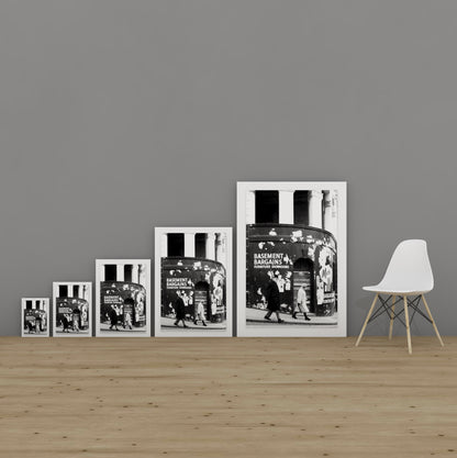 Vintage Street photography, black and white, Brighton, c1969, Basement Bargains